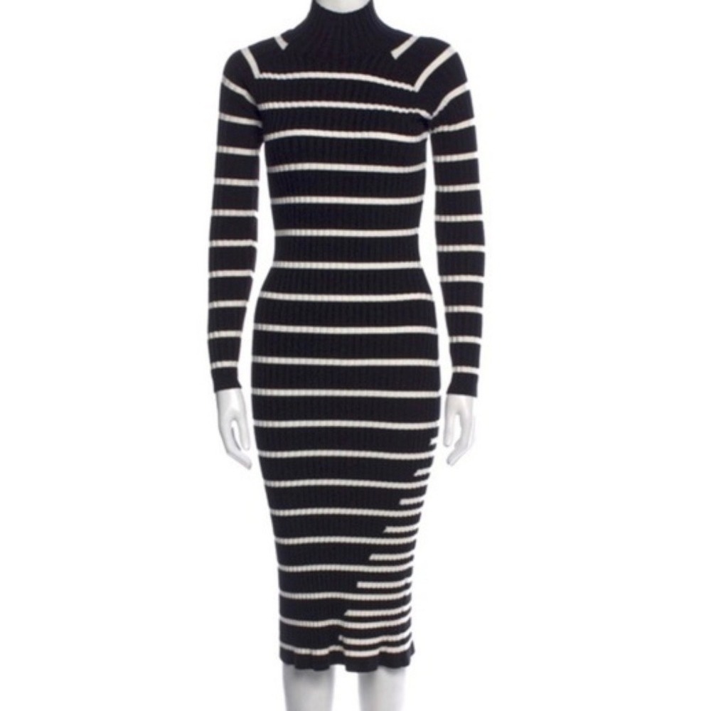 T by Alexander Wang Striped Ribbed Knit Midi Dress Black‎ White Mock Neck Petite